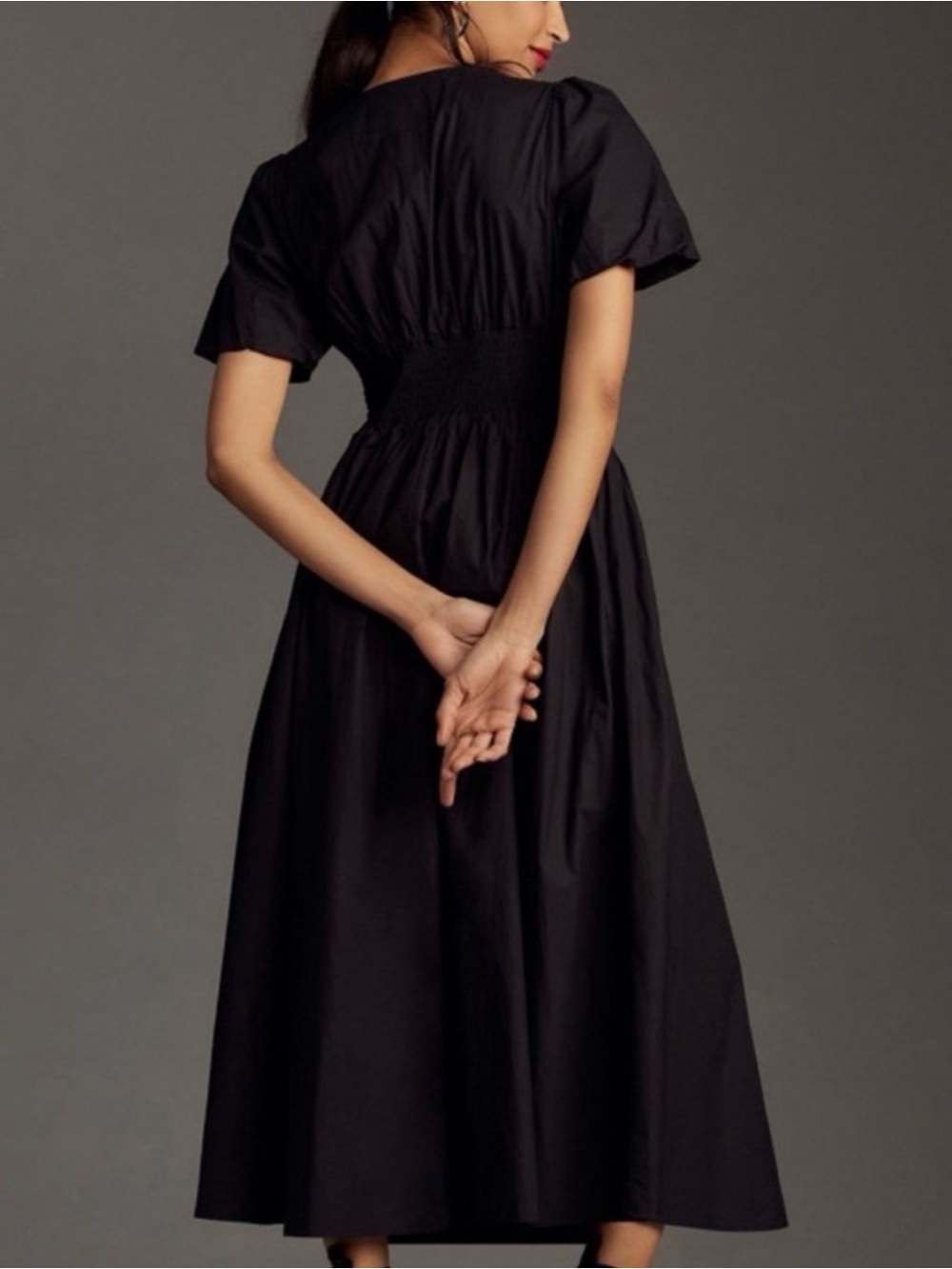 Black Katerina V-Neck Midi Dress with Button Front - Picture 2 of 4